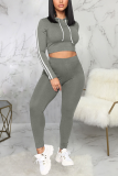 Grey Sexy Solid Patchwork Hooded Collar Long Sleeve Two Pieces