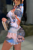 Robes de jupe enveloppées à col rond et à imprimé sexy bleu bébé