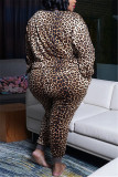 Imprimé léopard Fashion Casual Print Basic O Neck Plus Size Set