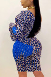 Blaue sexy Leoparden-Kleider mit schrägem Kragen und A-Linie