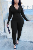 Zwarte sexy effen geborduurde skinny jumpsuits met V-hals