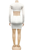 White Sexy Solid Patchwork U Neck Long Sleeve Two Pieces