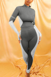Grey Sportswear Solid Patchwork Zipper Collar Long Sleeve Two Pieces