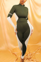 Army Green Sportswear Solid Patchwork Reißverschlusskragen Langarm Zweiteiler