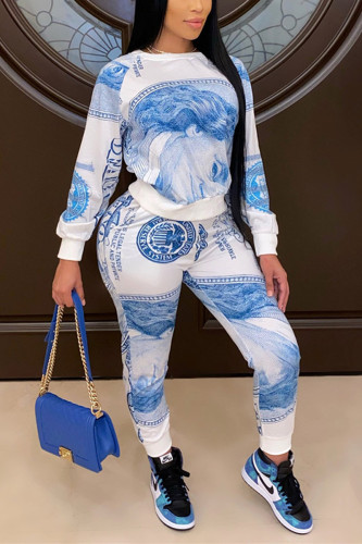 Blue Fashion Casual Print Basic O Neck Long Sleeve Two Pieces