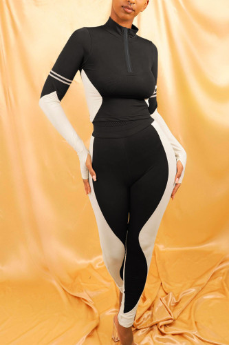 Black Sportswear Solid Patchwork Zipper Collar Long Sleeve Two Pieces