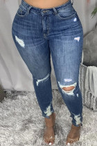 Jeans skinny azul escuro fashion casual sólido rasgado cintura média