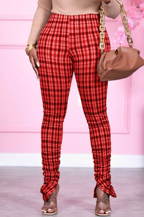 Rode skinny broek met modieuze print en vouw