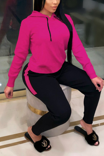 Rose Red Casual Hooded Collar Long Sleeve Sweatshirt And Pants Sportwear Two Piece Jogger Set