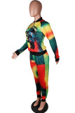 Blue Yellow Casual Print Tie Dye Patchwork O Neck Long Sleeve Two Pieces