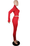 Roter Sportswear-Zweiteiler mit einfarbigem Patchwork-Reißverschlusskragen und langen Ärmeln