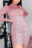 Robes de jupe enveloppées de cou de bandage solide rose sexy