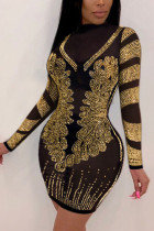 Robe jupe enveloppée à paillettes transparentes pour adultes, mode dorée, Patchwork, col rond, manches longues, longueur aux genoux