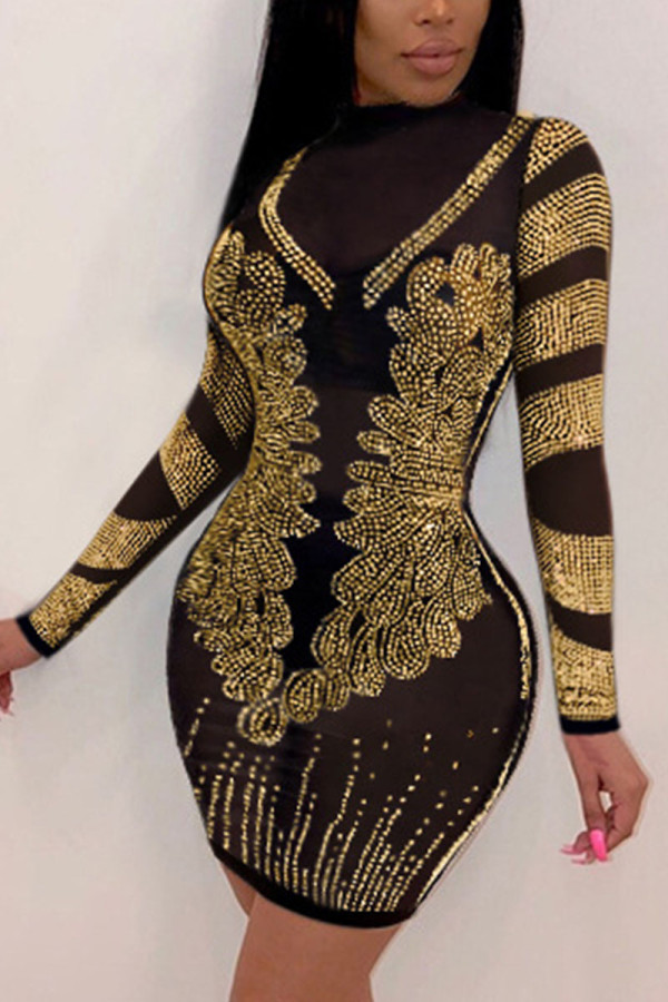 Золотая мода, сексуальные лоскутные платья для взрослых, прозрачные платья-юбки длиной до колена с блестками и круглым вырезом, длинными рукавами