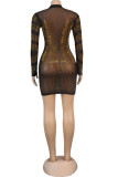 Gold Fashion Sexy Adult Patchwork See-through Sequined O Neck Long Sleeve Knee Length Wrapped Skirt Dresses