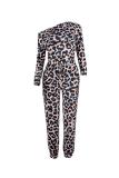 Azul oscuro Moda Casual Camuflaje Grano de leopardo Estampado Manga larga Cuello de un hombro