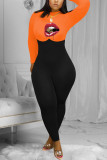 Оранжевый модный сексуальный принт в стиле пэчворк с круглым вырезом, узкие комбинезоны