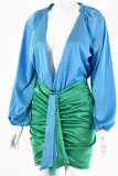 Vestidos de falda de lápiz con cuello en V de patchwork sólido sexy azul