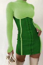 Зеленые сексуальные однотонные платья-юбки с круглым вырезом и повязками
