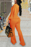 オレンジファッションカジュアルソリッドベーシックOネック長袖ツーピース