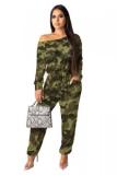 Green Fashion Casual Camouflage Leopard grain Print Long Sleeve one shoulder collar
