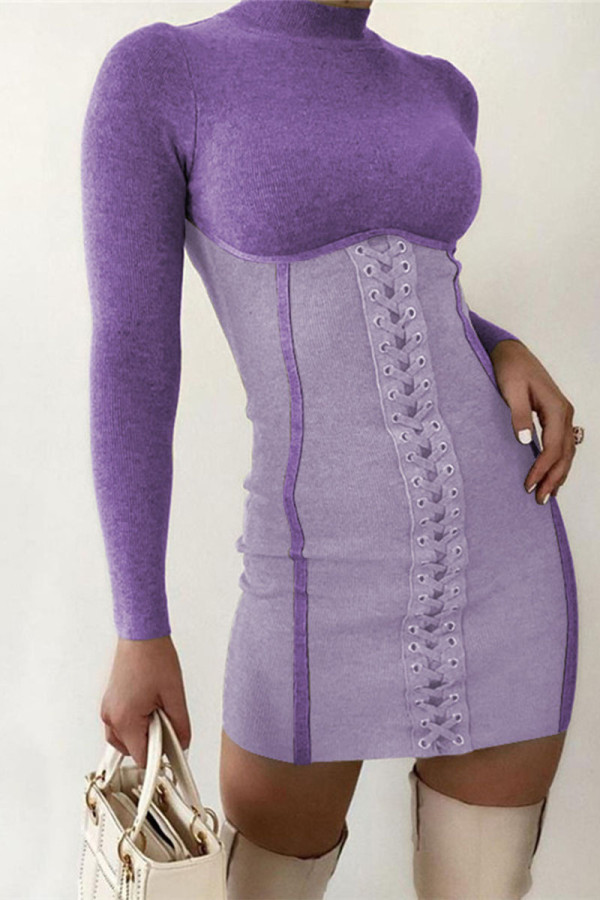 Lila Sexy Solid Bandage O Neck Wrapped Rock Kleider