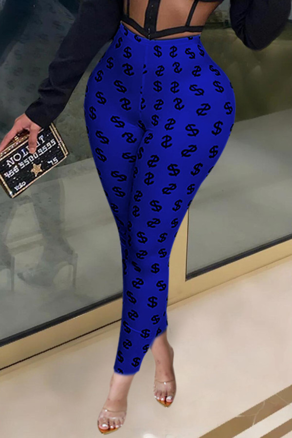 Blauwe casual skinny broek met print