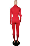 Roter Sportswear-Zweiteiler mit einfarbigem Patchwork-Reißverschlusskragen und langen Ärmeln