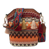 Bolso bandolera con diseño de borlas con estampado étnico de patchwork casual de moda marrón claro