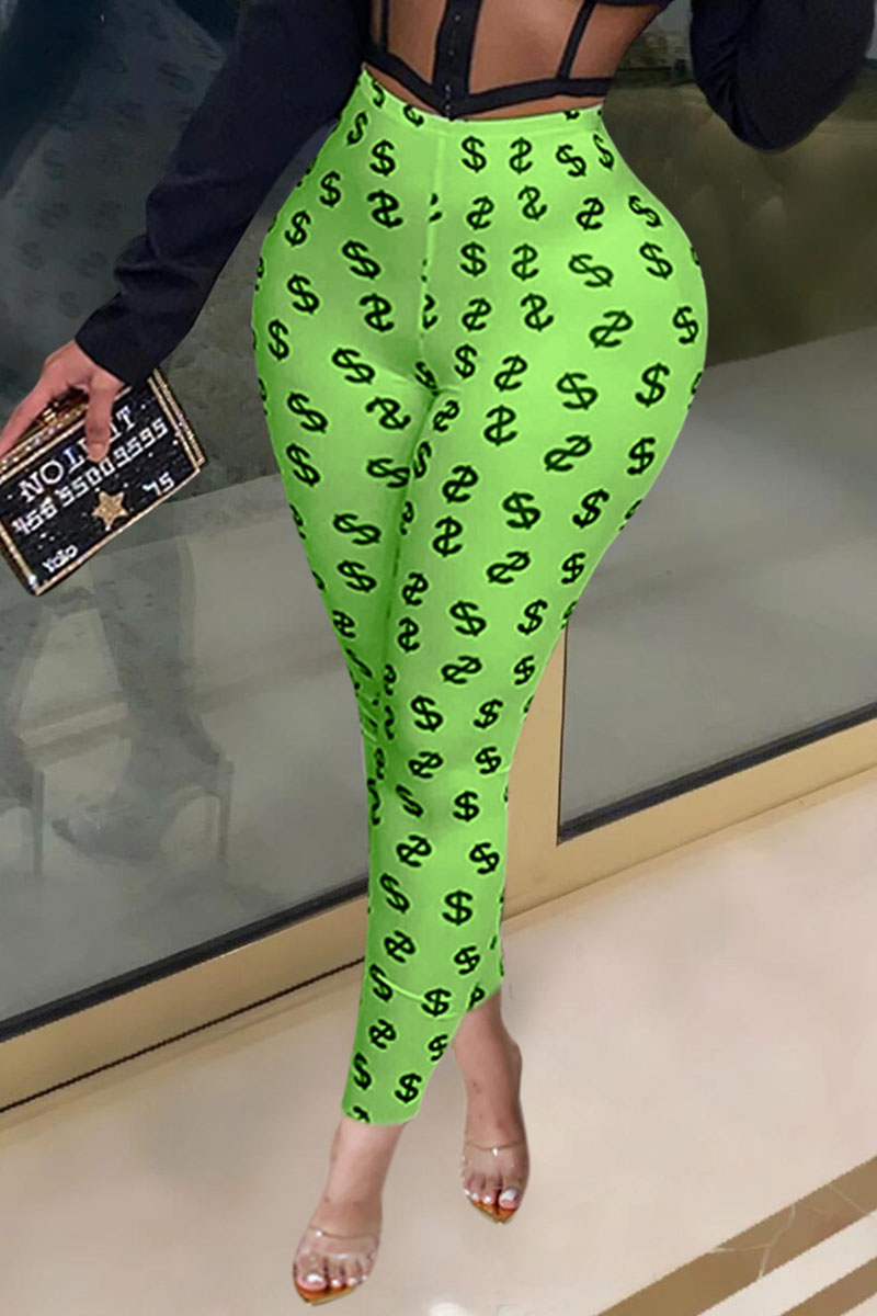 Green Casual Print Skinny Bottoms