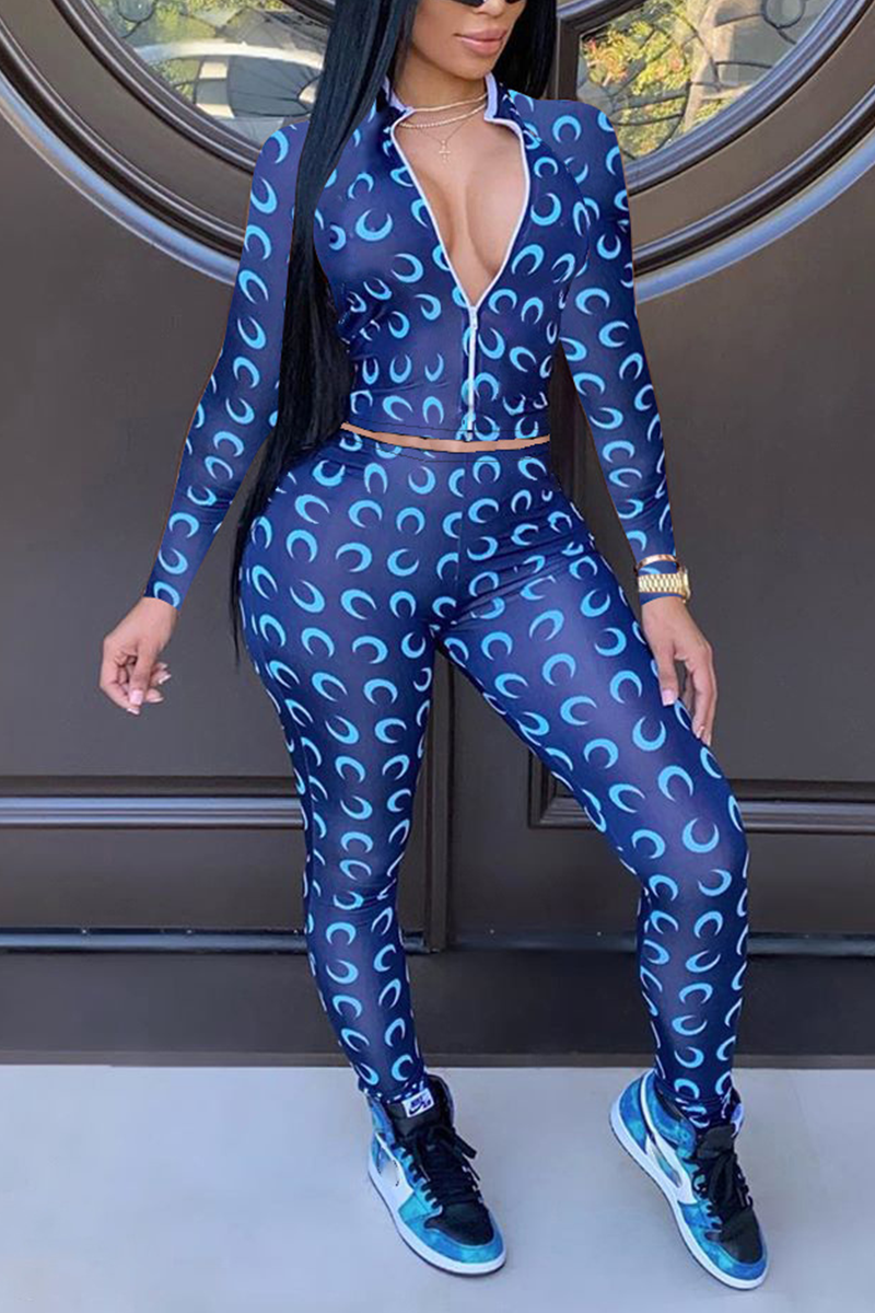

Blue Sexy Print Split Joint Mandarin Collar Skinny Jumpsuits
