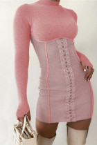 Pink Sexy Solid Bandage O Neck Wrapped Rock Kleider