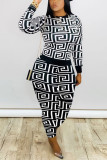 White Fashion Casual Print Patchwork O Neck Long Sleeve Two Pieces