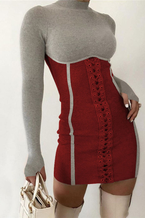 ワインレッドセクシーなソリッド包帯Oネックラップスカートドレス