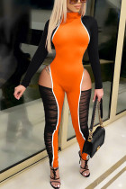 Oranje sexy effen skinny jumpsuits met ritskraag