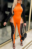 オレンジ色のセクシーなソリッドジッパーカラースキニージャンプスーツ