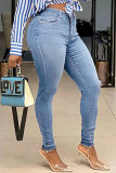 Babyblå Mode Casual Solid Byxor Skinny Jeans med mitten av midjan