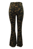Camouflage Casual Camouflage Print Patchwork Mid waist Boot Cut Denim