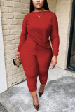 Rose Red Casual Solid Patchwork O Neck Long Sleeve Two Pieces