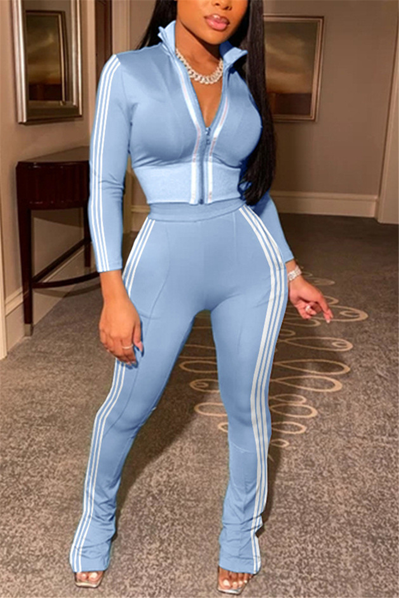 

Baby Blue Fashion Casual Striped Patchwork Patchwork Zipper Collar Long Sleeve Two Pieces