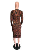 Vestidos de cuello en V con abertura de leopardo de estilo británico marrón