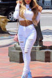 Jeans pitillo de cintura media rasgados sólidos casuales de moda blanco