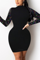 Black Fashion Sexy Solid Sequins Split Joint Half A Turtleneck A Line Dresses