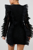 ブラック ファッション ソリッド パッチワーク O ネック A ライン ドレス