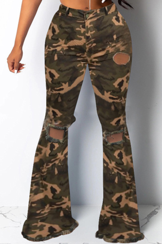 Lässiger Camouflage-Print, Patchwork-Jeans mit mittelhohem Bund und Boot-Cut-Jeans in Camouflage-Optik