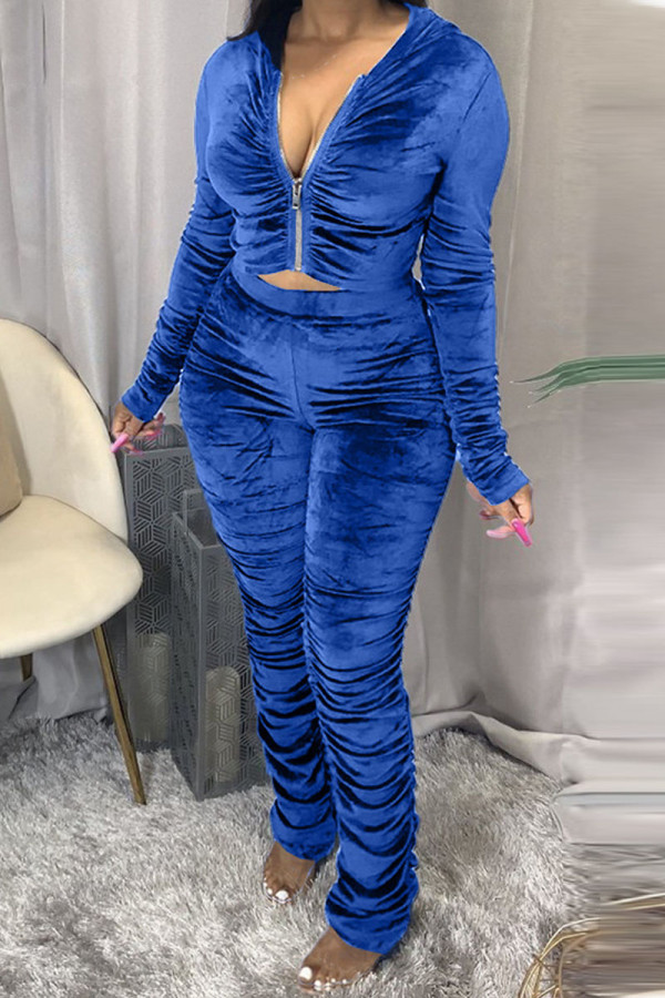 Blu scuro Moda Sexy per adulti Pleuche Solid Fold Colletto con cappuccio Manica lunga Regular Sleeve Regular Due pezzi