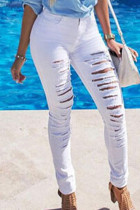White Fashion Casual Solid Mid Waist Ripped Skinny Denim Jeans