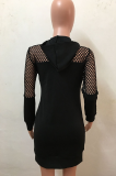 Schwarze A-Linien-Kleider mit sexy Aufdruck und Patchwork-Kapuzenkragen