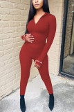 Red Fashion Casual Brief Borduurwerk Geborduurde Rits Kraag Skinny Jumpsuits