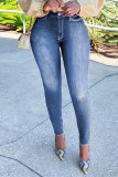 Mörkblått Mode Casual Solida grundläggande jeans med hög midja